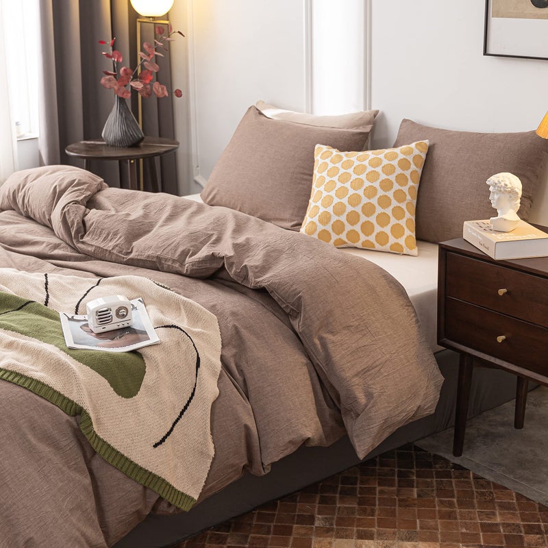 Janlive Washed Cotton Duvet Cover Queen Ultra Soft 100% Cotton Solid Color Coffee Duvet Cover Set with Zipper Closure -3 Pieces Coffee Queen - Image 4